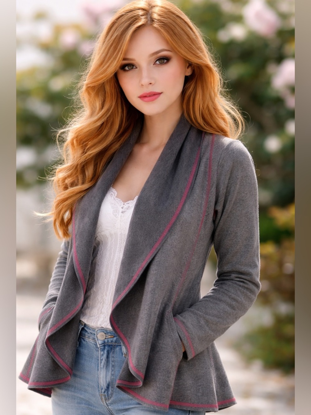 Anthropologie DREW Charcoal and Pink Stitch Cardigan